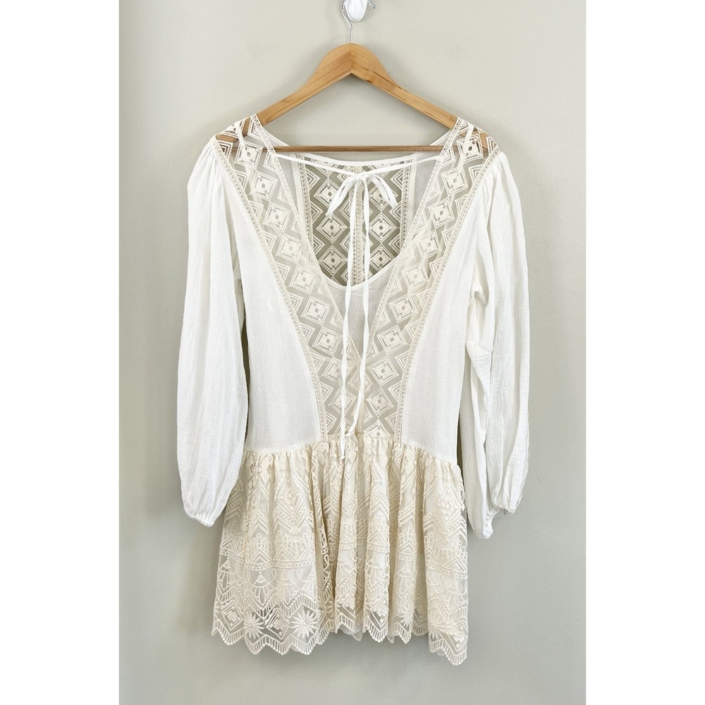 JEN'S PIRATE BOOTY Open Back Backless Ivory Lined Crochet Boho Mini Dress Small - Picture 4 of 13